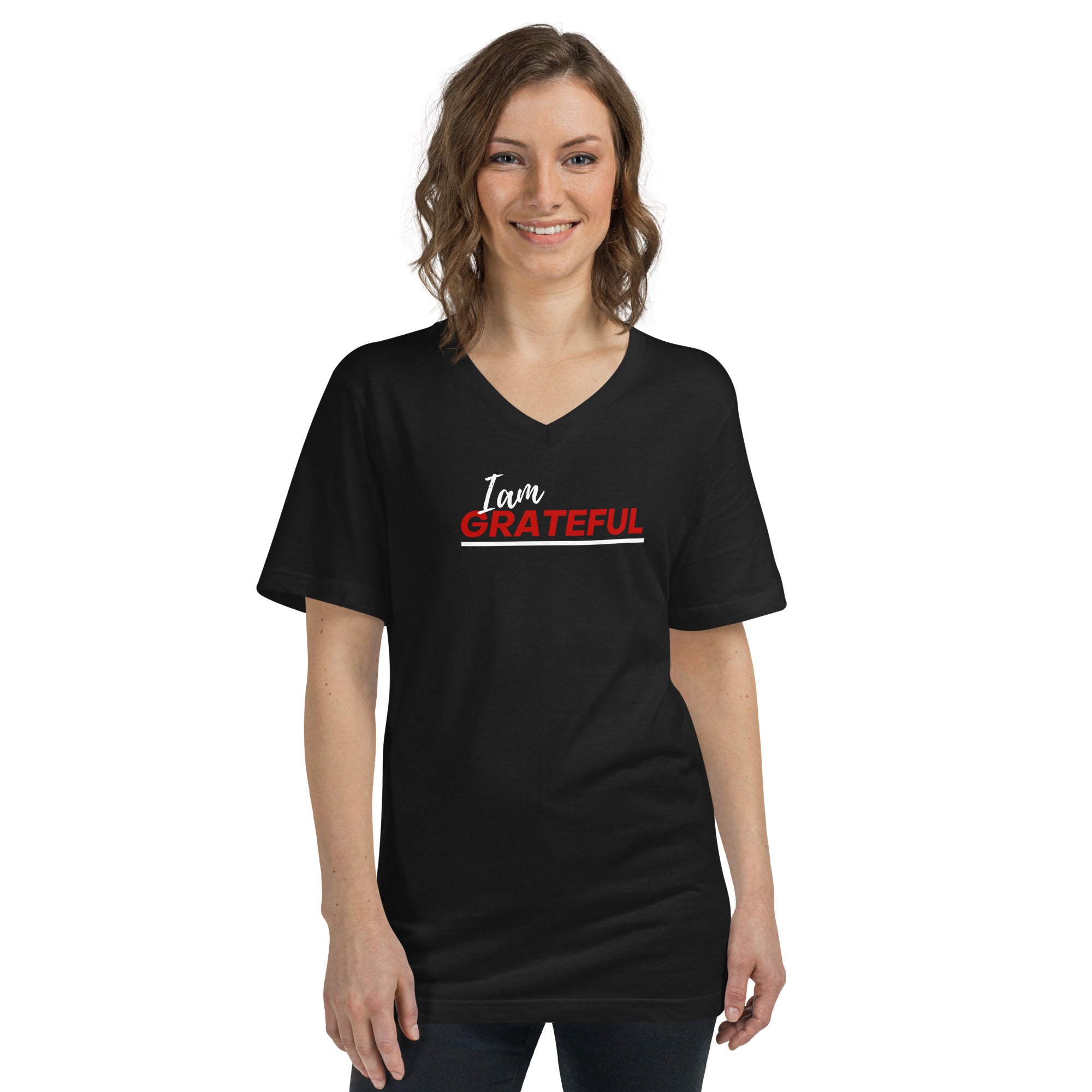I am grateful Unisex Short Sleeve V-Neck T-Shirt - On The Grind Gear