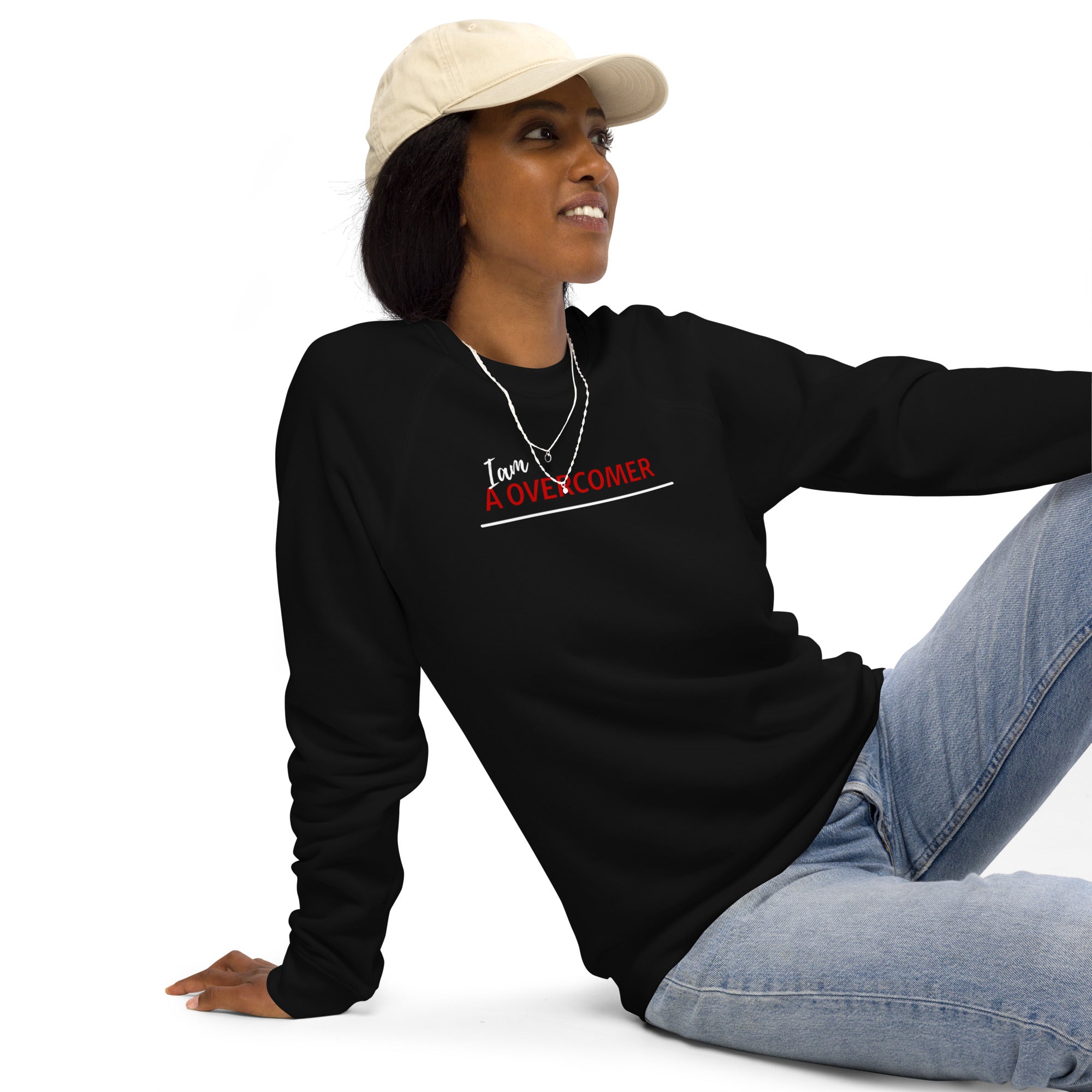 I am overcomer Unisex organic raglan sweatshirt - On The Grind Gear